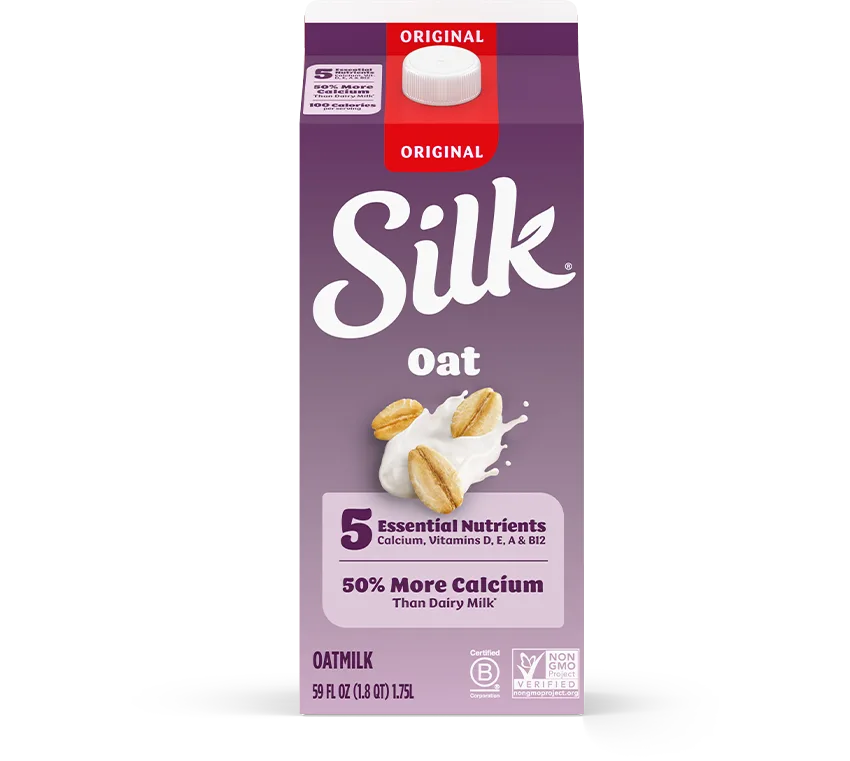 Silk Original Oat Milk carton featuring 5 essential nutrients and 50% more calcium than dairy milk for wholesale distribution.