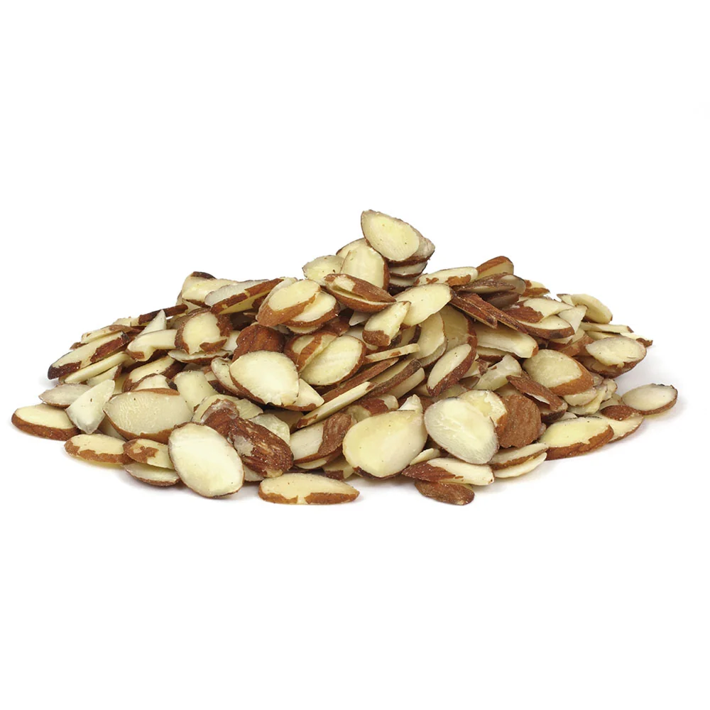 Bulk sliced almonds with natural skin showing quality cuts, ideal for food manufacturers and wholesalers.