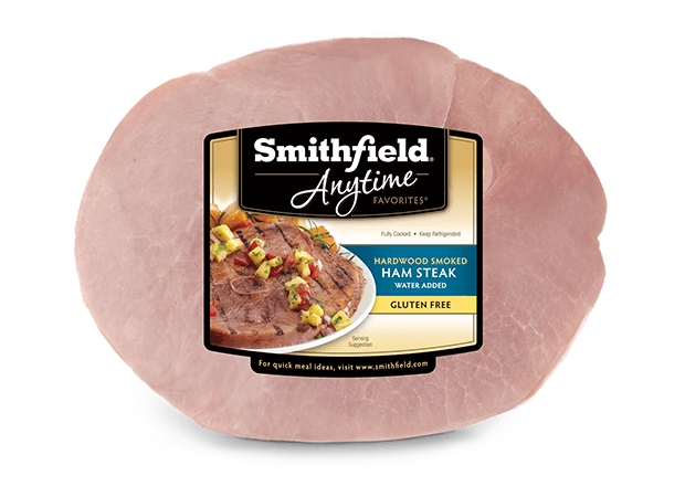 Smithfield Anytime Hardwood Smoked Ham Steak, water added, gluten free product for wholesale food distributors and foodservice suppliers.