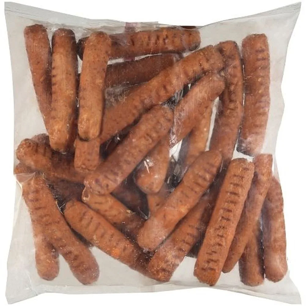 Bulk packaged smoked sausage links in clear vacuum-sealed bag, ideal for wholesale food distribution and commercial foodservice suppliers.