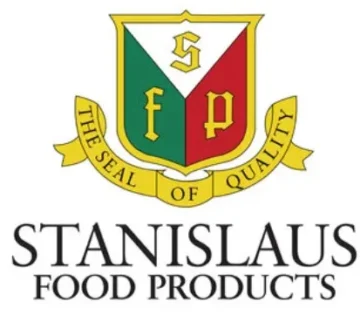 Stanislaus Food Products official logo featuring a shield with green and red sections, representing a wholesale food supplier and manufacturer for foodservice distribution.