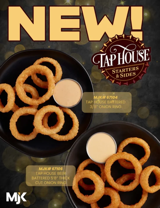 Two varieties of tap house battered onion rings with dipping sauce for wholesale foodservice distribution and commercial food suppliers.