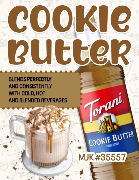 Torani Cookie Butter syrup bottle with cold beverage topped with whipped cream drizzle for foodservice applications.