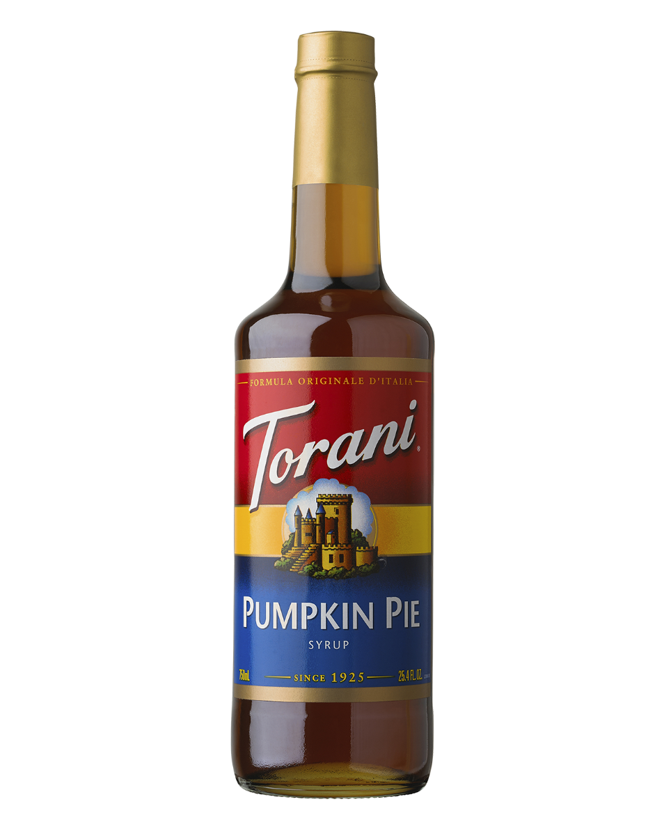 Torani Pumpkin Pie syrup 750ml glass bottle with branded red, gold, and blue label for foodservice and wholesale distribution.