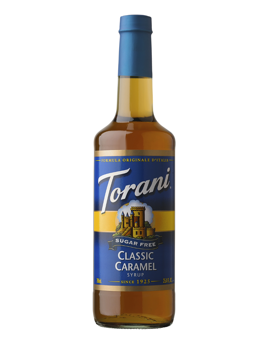 Torani sugar-free classic caramel syrup in 750ml glass bottle, ideal for foodservice and wholesale beverage applications.