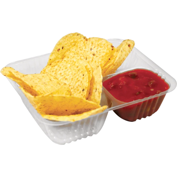 Golden tortilla chips in clear container with red salsa dip in compartment, ideal for foodservice and wholesale distribution.