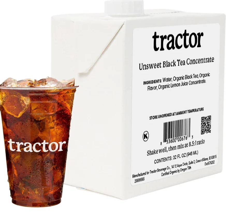 Tractor brand unsweet black tea concentrate 32 oz carton with prepared beverage in branded cup for foodservice distribution.