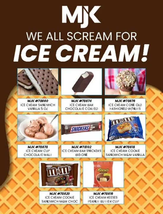 Comprehensive ice cream novelty assortment for foodservice distribution including sandwiches, bars, cones, and branded products.